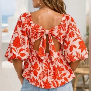 Y.A.S Red Botanical Puff Sleeve Tie Back Blouse EU 42 US 10 Cotton Resort Top